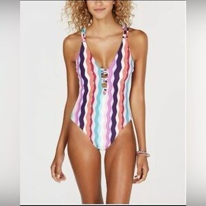 Swimsuit 1 Piece Ladies Bar III Small White Multi Color Printed Waves NWT